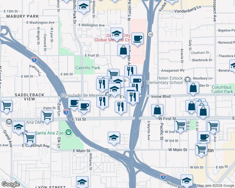 map of restaurants, bars, coffee shops, grocery stores, and more near 2211 East 4th Street in Santa Ana