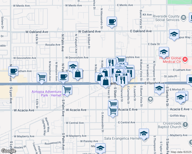 map of restaurants, bars, coffee shops, grocery stores, and more near 136 North Ramona Street in Hemet