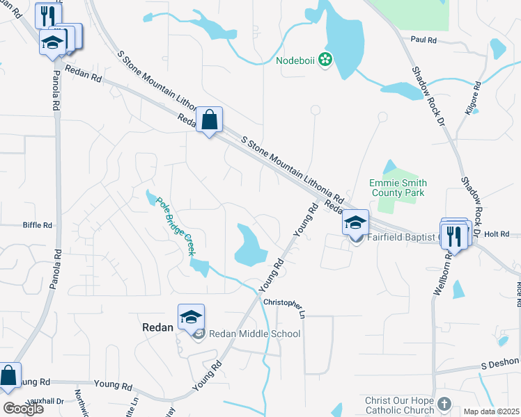 map of restaurants, bars, coffee shops, grocery stores, and more near 5760 Albans Circle in Lithonia