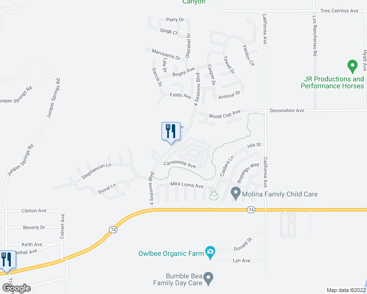 map of restaurants, bars, coffee shops, grocery stores, and more near 255 Firestone Lane in Hemet