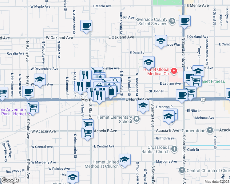 map of restaurants, bars, coffee shops, grocery stores, and more near 130 North Juanita Street in Hemet