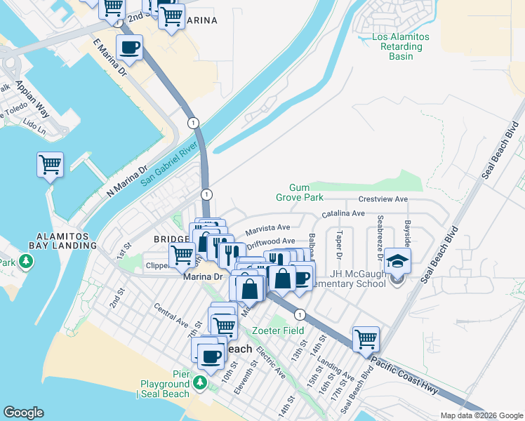 map of restaurants, bars, coffee shops, grocery stores, and more near 915 Catalina Avenue in Seal Beach