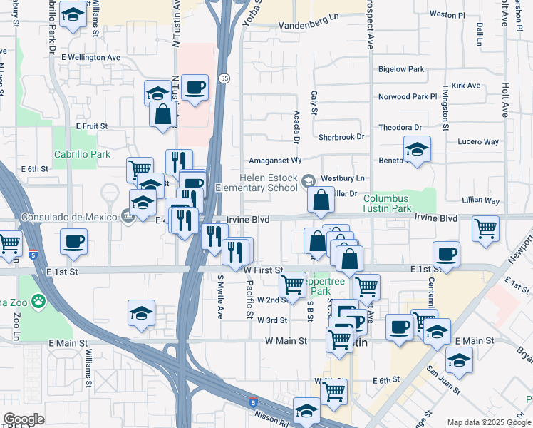 map of restaurants, bars, coffee shops, grocery stores, and more near 17341 Irvine Boulevard in Tustin