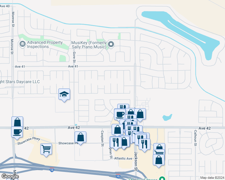 map of restaurants, bars, coffee shops, grocery stores, and more near 41402 Butler Court in Indio