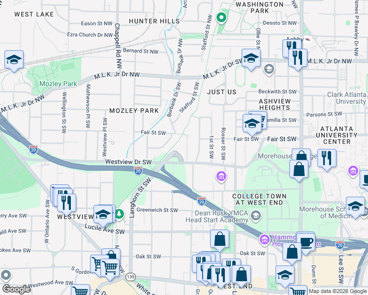 map of restaurants, bars, coffee shops, grocery stores, and more near 229 Napoleon Drive Southwest in Atlanta