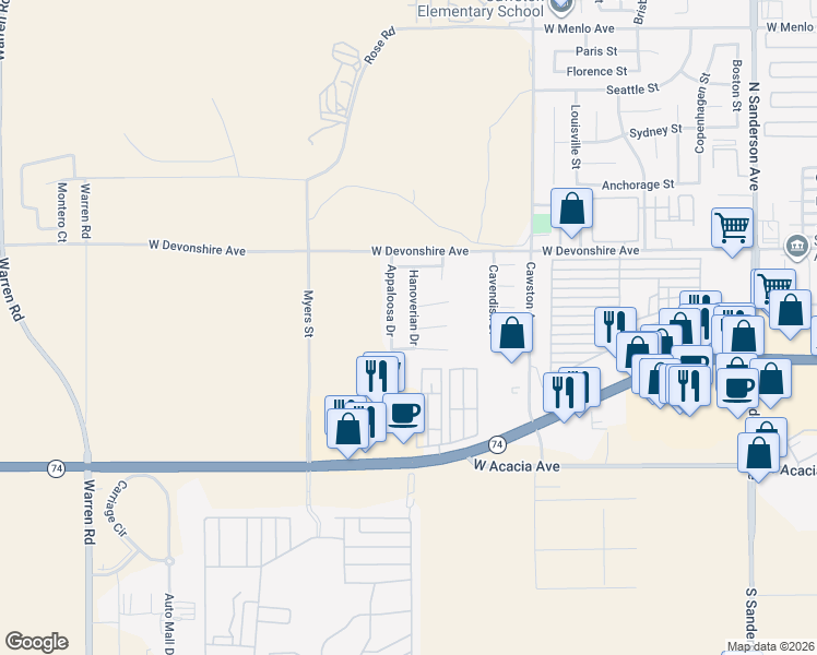 map of restaurants, bars, coffee shops, grocery stores, and more near 235 Hanoverian Drive in Hemet