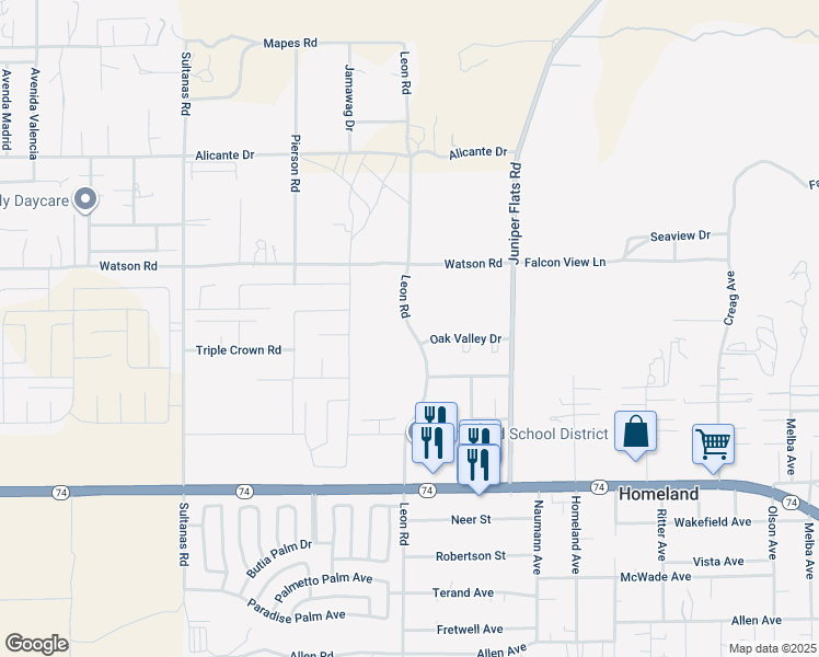 map of restaurants, bars, coffee shops, grocery stores, and more near Leon Road in Homeland