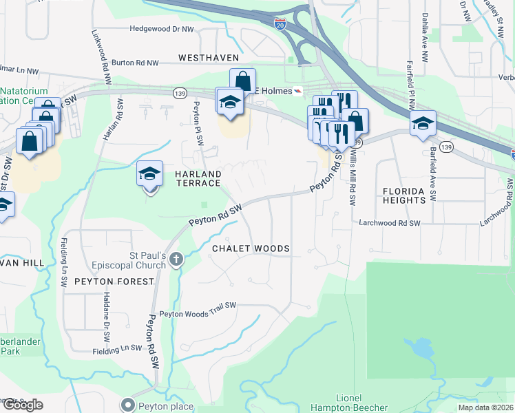 map of restaurants, bars, coffee shops, grocery stores, and more near 202 Peyton Road Southwest in Atlanta