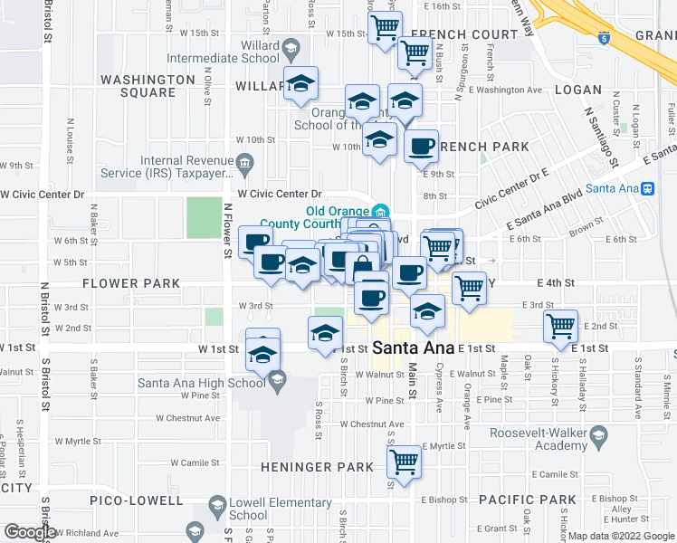 map of restaurants, bars, coffee shops, grocery stores, and more near 411 West 4th Street in Santa Ana