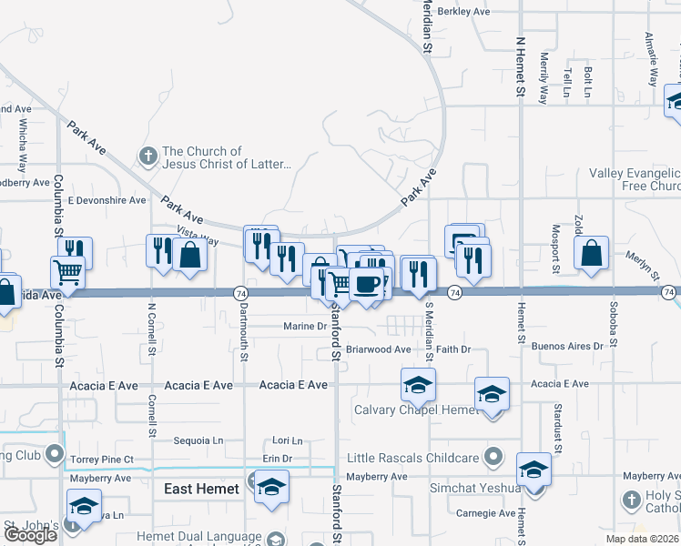 map of restaurants, bars, coffee shops, grocery stores, and more near 140 Stanford Street in Hemet