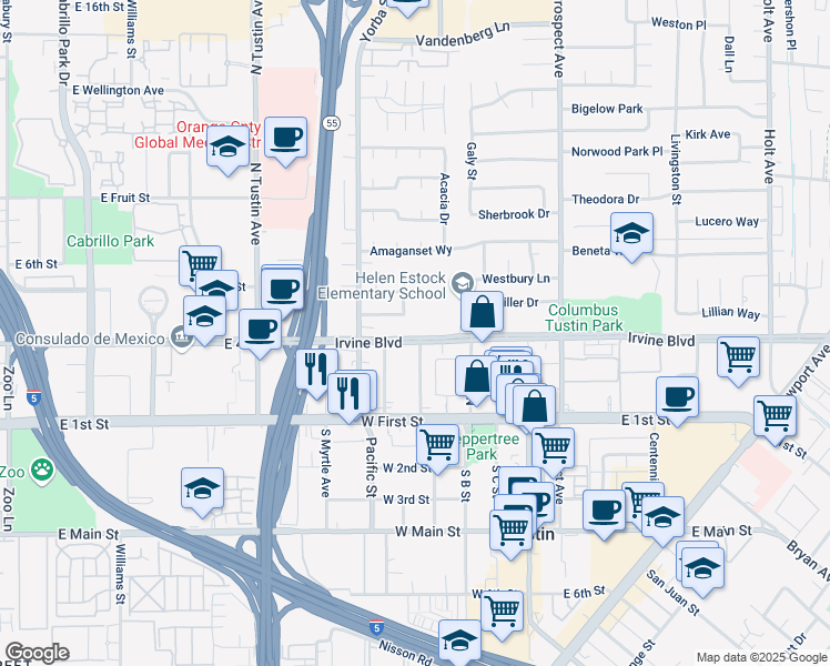 map of restaurants, bars, coffee shops, grocery stores, and more near 17431 Irvine Boulevard in Tustin