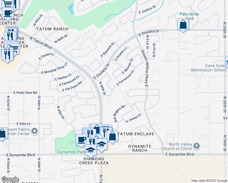 map of restaurants, bars, coffee shops, grocery stores, and more near 4831 East Fernwood Court in Cave Creek