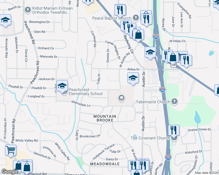 map of restaurants, bars, coffee shops, grocery stores, and more near 3217 Tulip Drive in Decatur