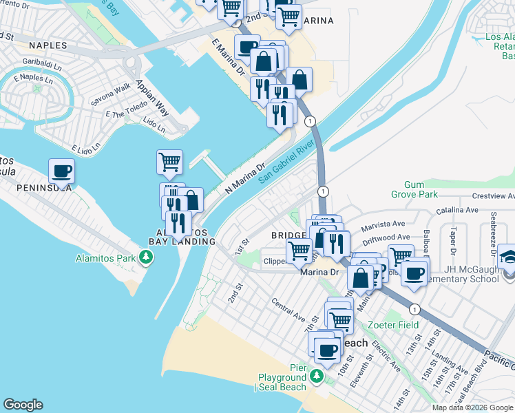 map of restaurants, bars, coffee shops, grocery stores, and more near 41 Riversea Road in Seal Beach