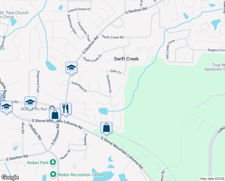 map of restaurants, bars, coffee shops, grocery stores, and more near 1480 Smithson Drive in Lithonia