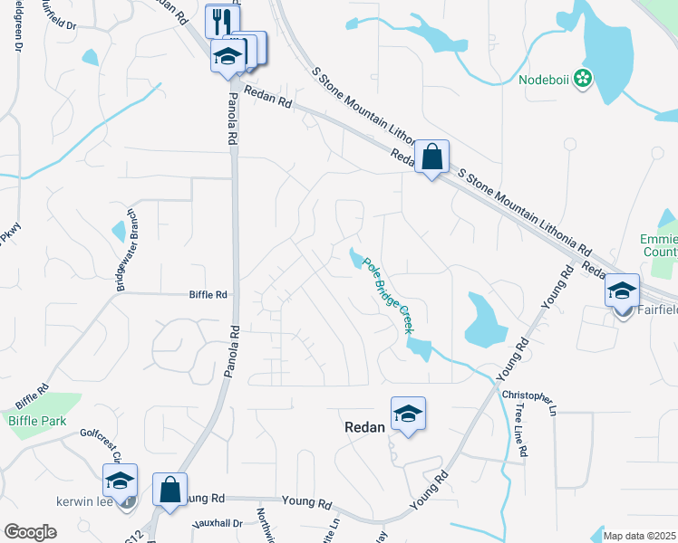 map of restaurants, bars, coffee shops, grocery stores, and more near 5588 Emerald Glen in Stone Mountain