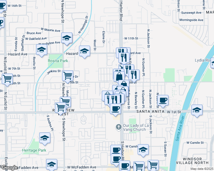 map of restaurants, bars, coffee shops, grocery stores, and more near 3922 W 5th St in Santa Ana