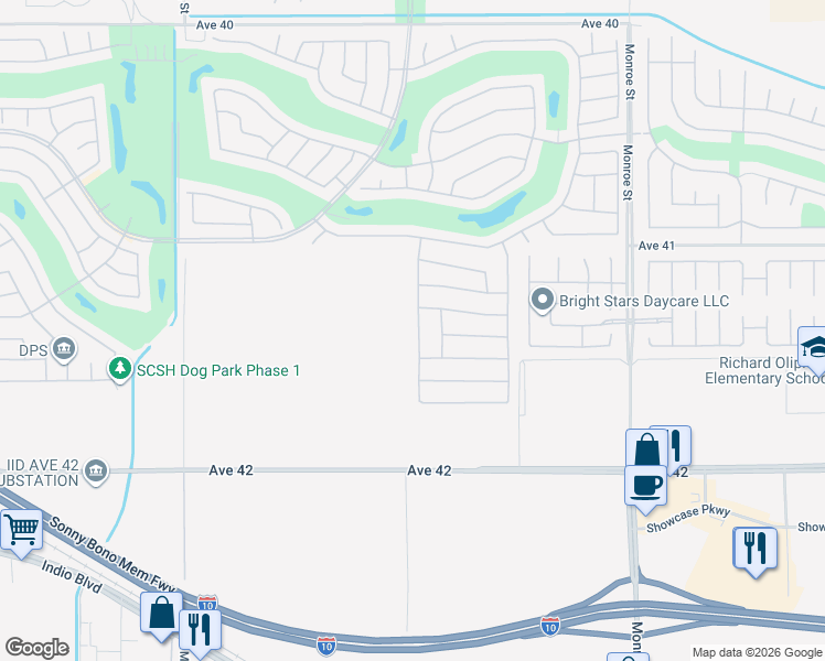map of restaurants, bars, coffee shops, grocery stores, and more near 41371 Calle Pampas in Indio