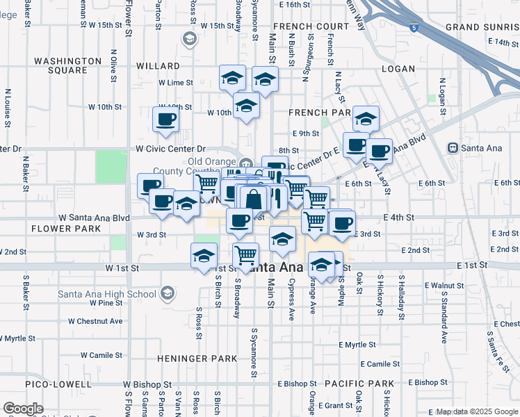 map of restaurants, bars, coffee shops, grocery stores, and more near 415 North Sycamore Street in Santa Ana