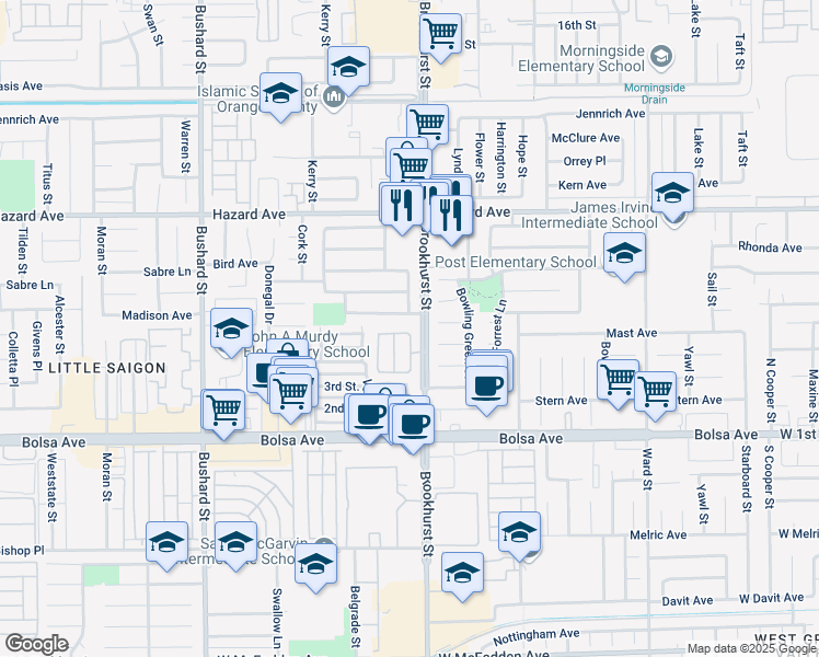 map of restaurants, bars, coffee shops, grocery stores, and more near 9943 Orchard Drive in Westminster