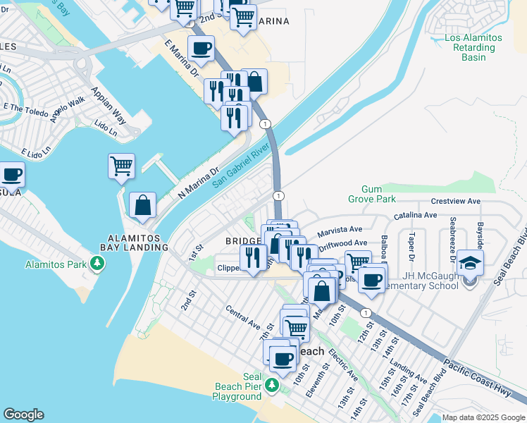 map of restaurants, bars, coffee shops, grocery stores, and more near 505 Galleon Way in Seal Beach