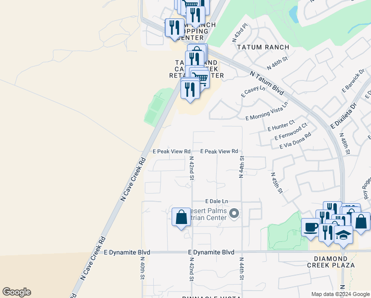 map of restaurants, bars, coffee shops, grocery stores, and more near 4150 East Peak View Road in Cave Creek