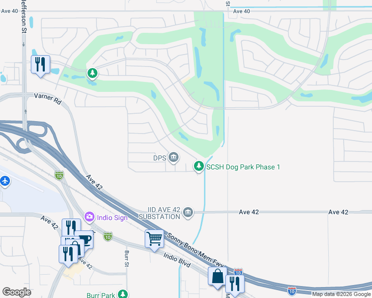 map of restaurants, bars, coffee shops, grocery stores, and more near 80818 Camino Santa Elise in Indio
