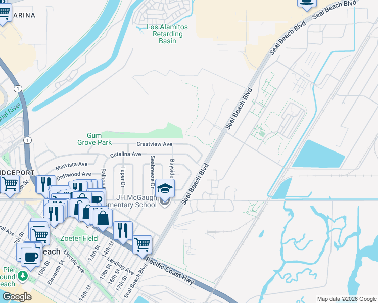 map of restaurants, bars, coffee shops, grocery stores, and more near 1725 Catalina Avenue in Seal Beach