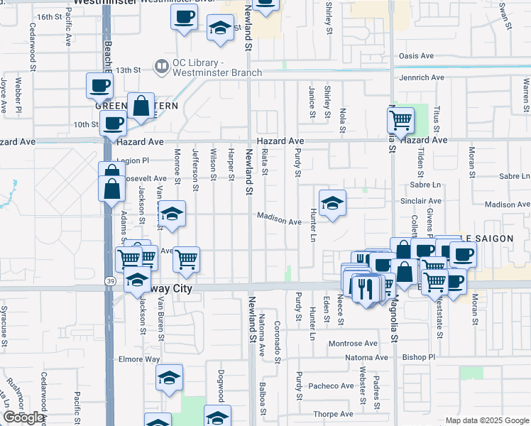 map of restaurants, bars, coffee shops, grocery stores, and more near 14721 Riata Street in Midway City
