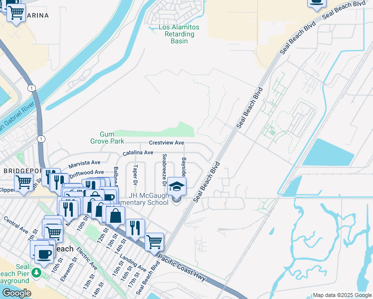 map of restaurants, bars, coffee shops, grocery stores, and more near 1701 Catalina Avenue in Seal Beach