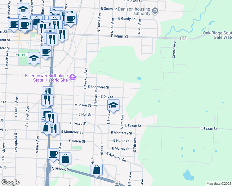 map of restaurants, bars, coffee shops, grocery stores, and more near 515 East Day Street in Denison