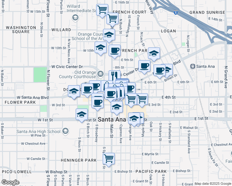 map of restaurants, bars, coffee shops, grocery stores, and more near 421 North Main Street in Santa Ana