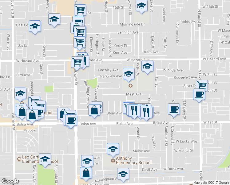map of restaurants, bars, coffee shops, grocery stores, and more near 10341 Mast Avenue in Westminster