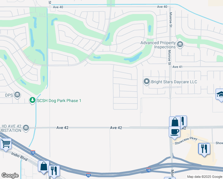 map of restaurants, bars, coffee shops, grocery stores, and more near 41371 Calle Pampas in Indio