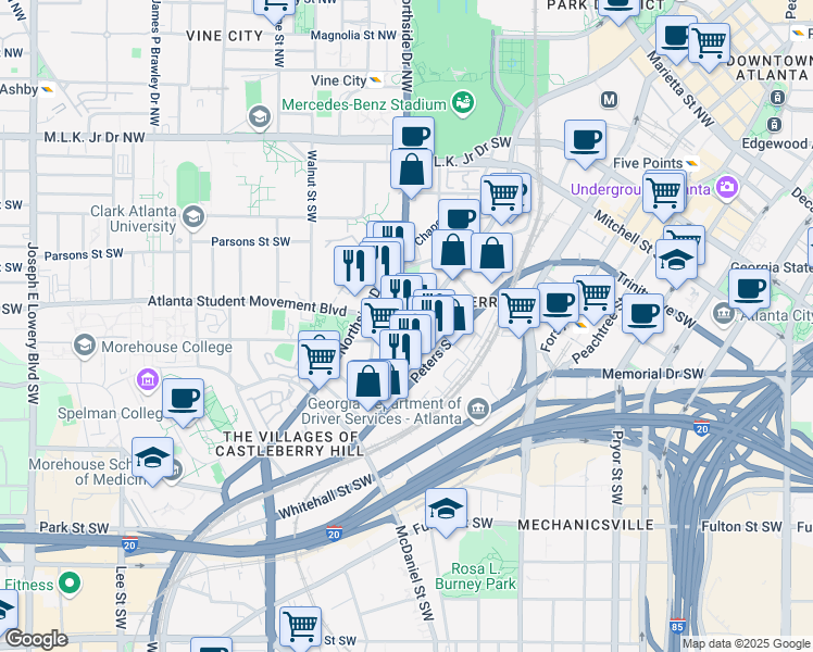 map of restaurants, bars, coffee shops, grocery stores, and more near in Atlanta