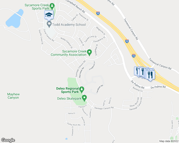 map of restaurants, bars, coffee shops, grocery stores, and more near 25546 Foxglove Lane in Corona
