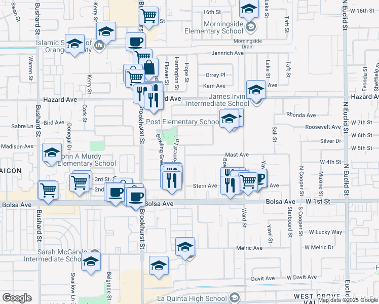 map of restaurants, bars, coffee shops, grocery stores, and more near 10271 Mast Avenue in Westminster