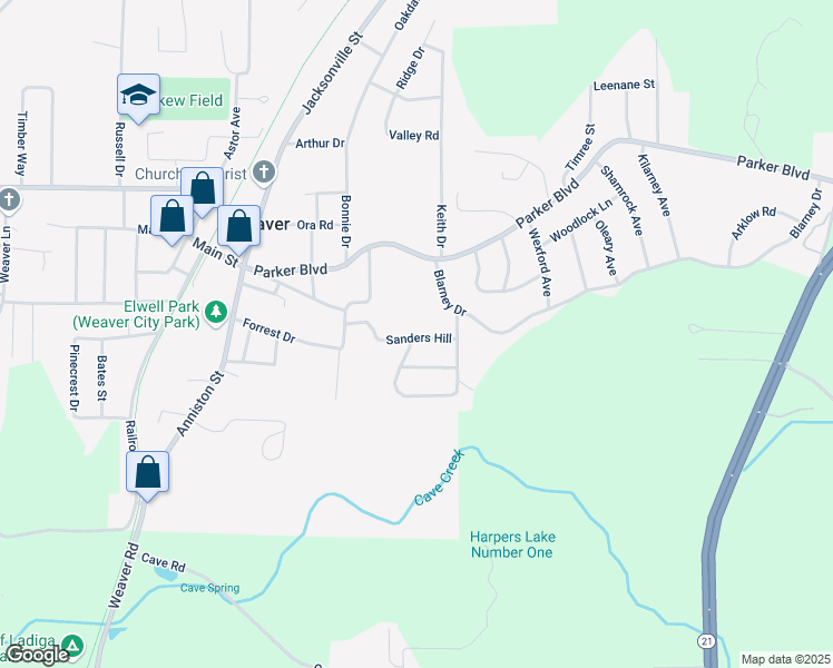 map of restaurants, bars, coffee shops, grocery stores, and more near 503 Sanders Hill in Weaver