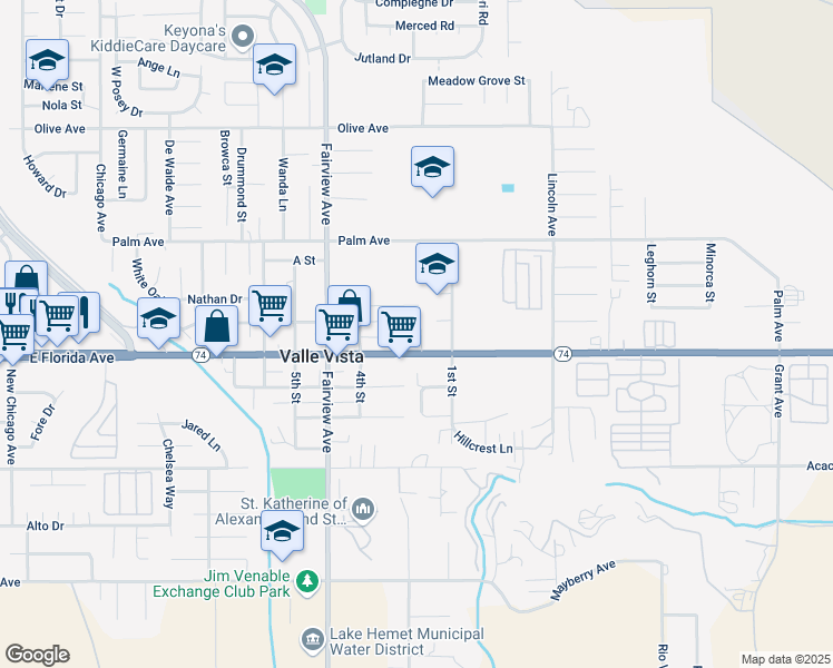map of restaurants, bars, coffee shops, grocery stores, and more near 44212 California 74 in Hemet