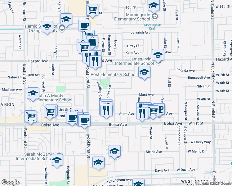 map of restaurants, bars, coffee shops, grocery stores, and more near 10261 Mast Avenue in Westminster