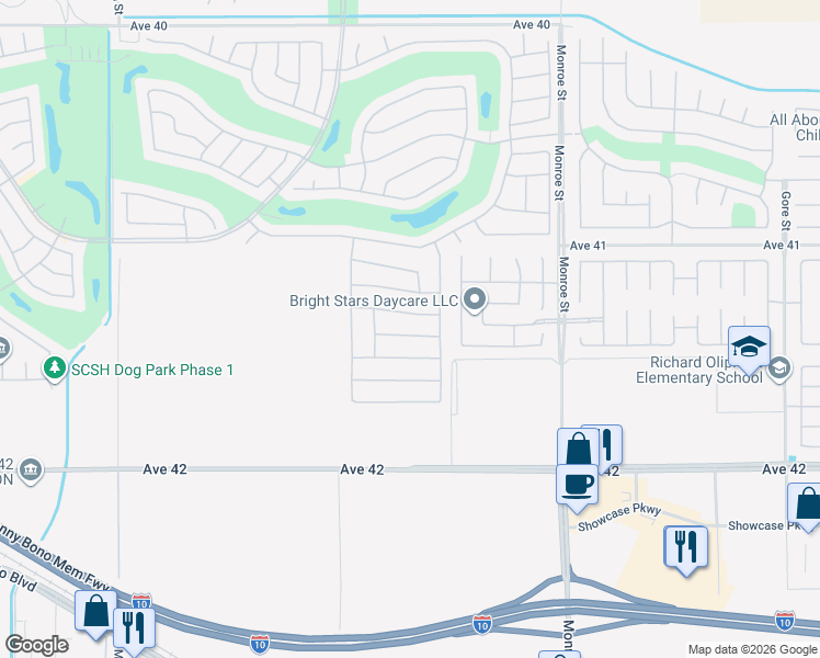 map of restaurants, bars, coffee shops, grocery stores, and more near 81690 Avenida Alturas in Indio