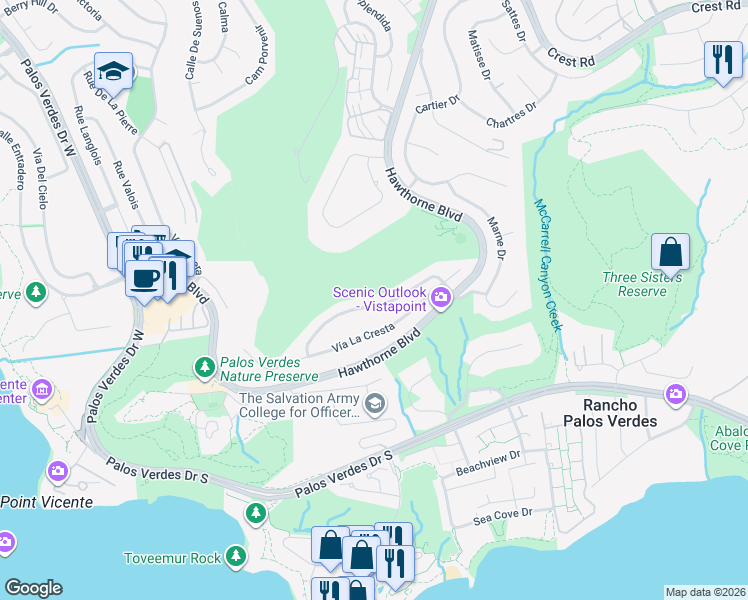 map of restaurants, bars, coffee shops, grocery stores, and more near 6821 Vallon Drive in Rancho Palos Verdes
