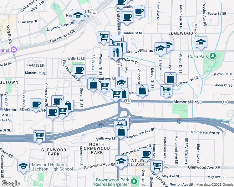 map of restaurants, bars, coffee shops, grocery stores, and more near 183 Moreland Avenue Southeast in Atlanta