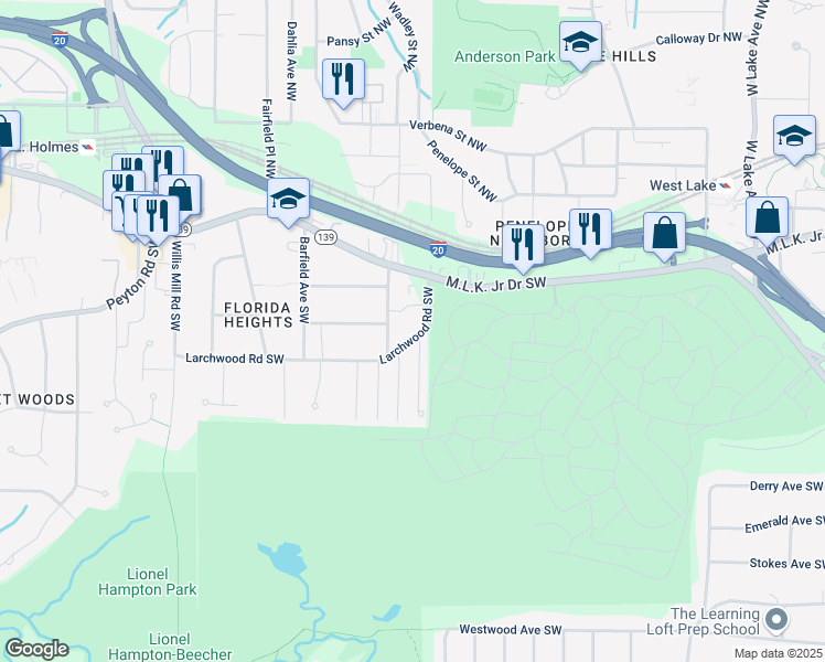 map of restaurants, bars, coffee shops, grocery stores, and more near 2121 Larchwood Road Southwest in Atlanta