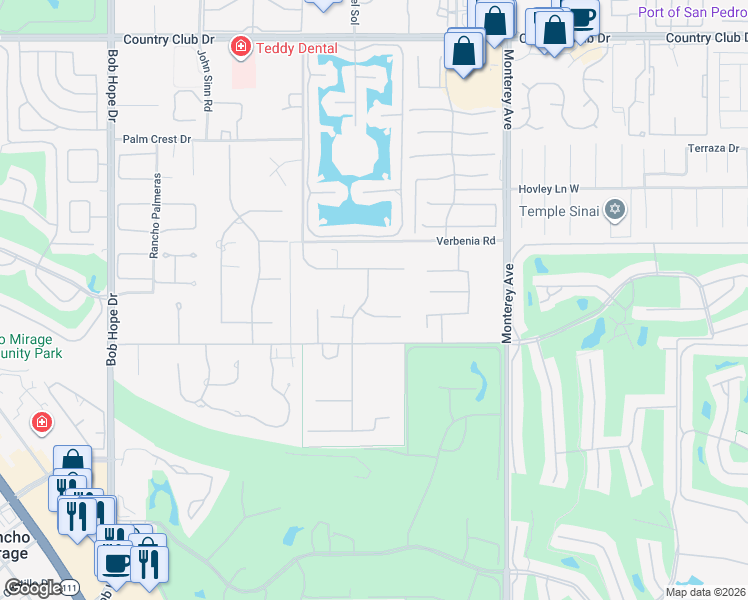 map of restaurants, bars, coffee shops, grocery stores, and more near 3 Mozart Lane in Rancho Mirage