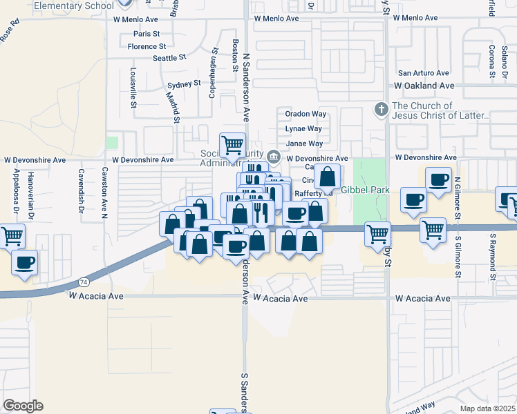 map of restaurants, bars, coffee shops, grocery stores, and more near 3204 West Florida Avenue in Hemet