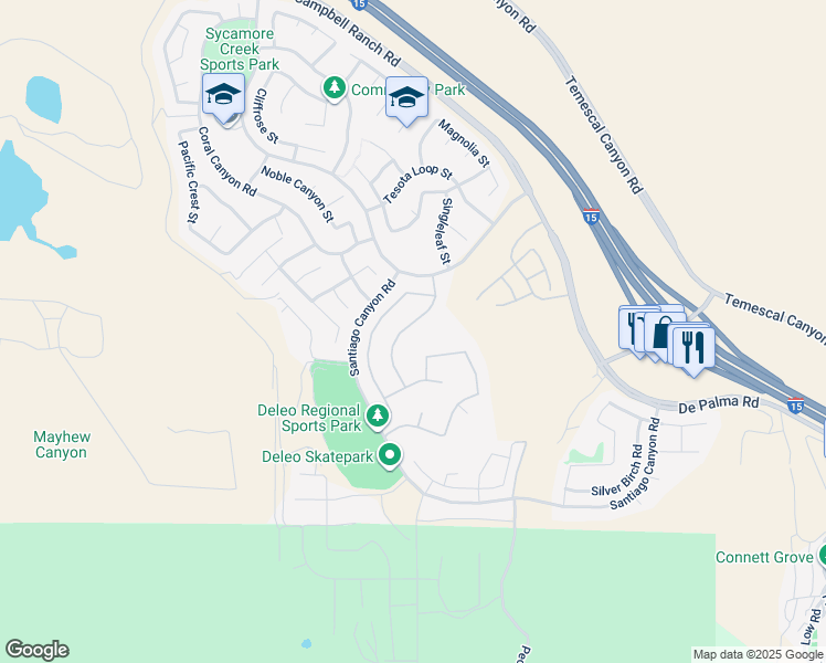 map of restaurants, bars, coffee shops, grocery stores, and more near 25546 Foxglove Lane in Corona