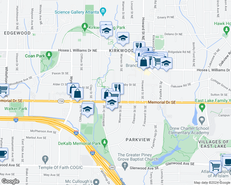 map of restaurants, bars, coffee shops, grocery stores, and more near 172 Dearborn Street Southeast in Atlanta