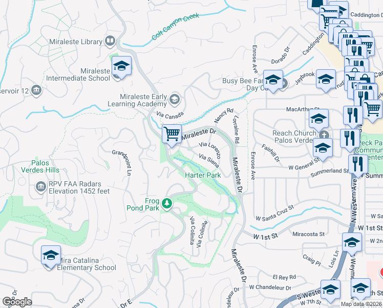 map of restaurants, bars, coffee shops, grocery stores, and more near 6432 Bramante Plaza in Rancho Palos Verdes