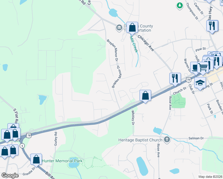 map of restaurants, bars, coffee shops, grocery stores, and more near 7219 Cedar Forest Drive in Douglasville